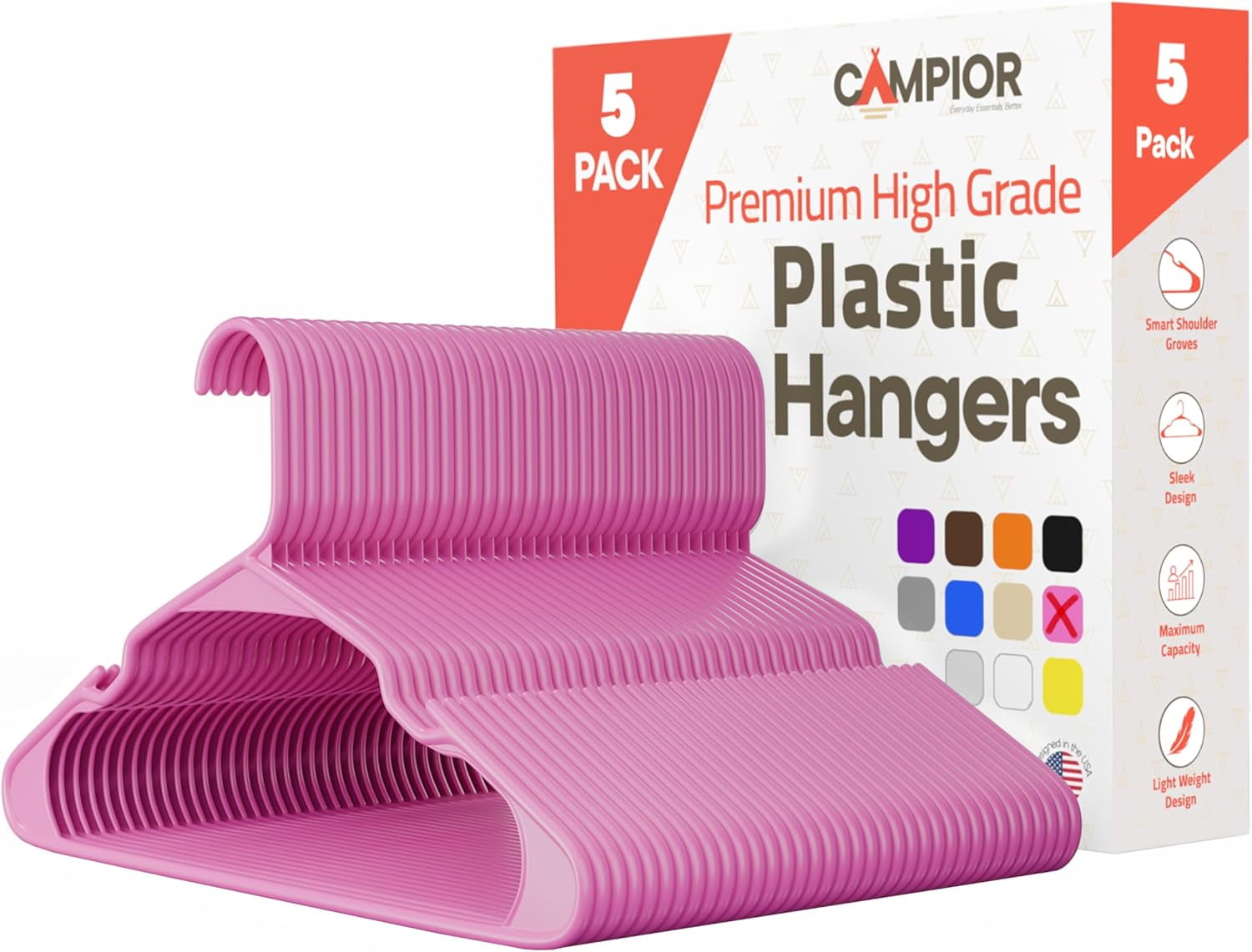 Pink Plastic hangers 5 Pack– Heavy-Duty Plastic Hangers Slim and Space-Saving Hangers, Durable & Lightweight PP Hangers with Non-Slip Shoulder Notches for Slip Dresses, Suits, Jackets & Camisoles