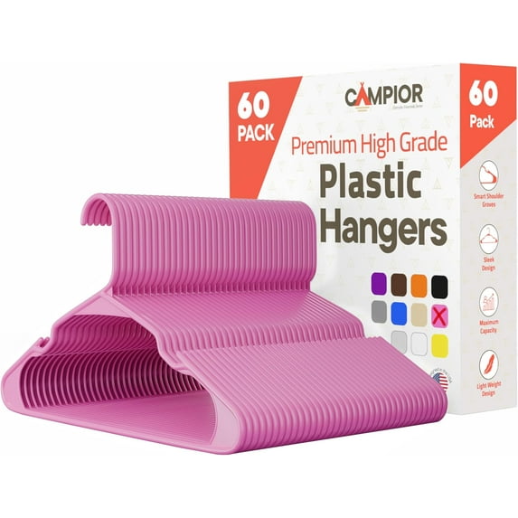 Pink Plastic hangers 60 Pack– Heavy-Duty Plastic Hangers Slim and Space-Saving Hangers, Durable & Lightweight PP Hangers with Non-Slip Shoulder Notches for Slip Dresses, Suits, Jackets & Camisoles