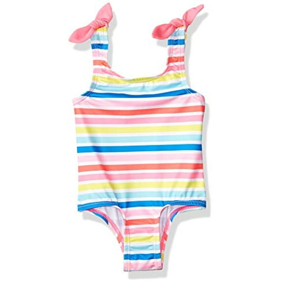 Pink Platinum Girls' Baby Rainbow Stripe Print Swimsuit, White, 12M