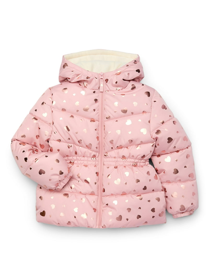 【PORTERNA】Heart Glossy Padding Jacket Pink Platinum Girls Heart Foil Printed Hooded Puffer Jacket