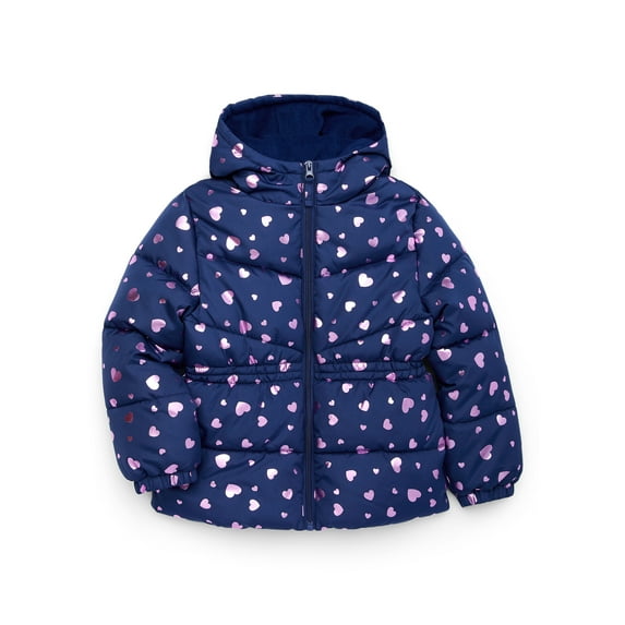 Pink Platinum Girls Heart Foil Printed Hooded Puffer Jacket with Fleece Lining, Sizes 4-16