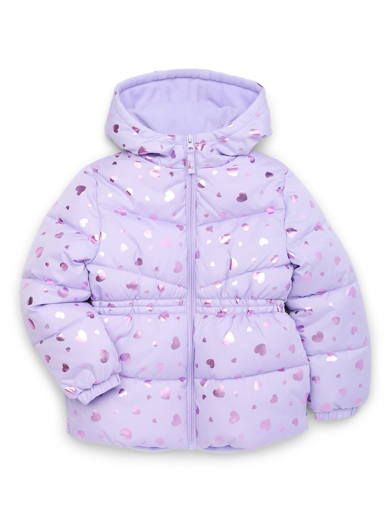 Pink Platinum Girls Heart Foil Hooded Puffer Jacket, Sizes 4-16