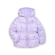 PINK PLATINUM Girls Heart Foil Printed Hooded Puffer Jacket with Fleece Lining, Sizes 4-16