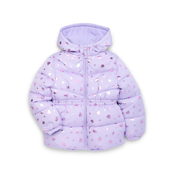 Pink Platinum Girls Heart Foil Printed Hooded Puffer Jacket with Fleece Lining, Sizes 4-16