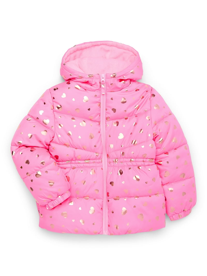 Pink Platinum Girls Heart Foil Printed Hooded Puffer Jacket with