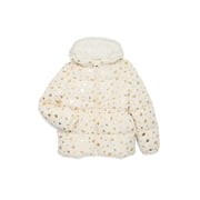Girls Heart Foil Printed Hooded Puffer Jacket with Fleece Lining, Sizes 4-16