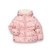 Pink Platinum Girls Heart Foil Printed Hooded Puffer Jacket, Sizes 4-16