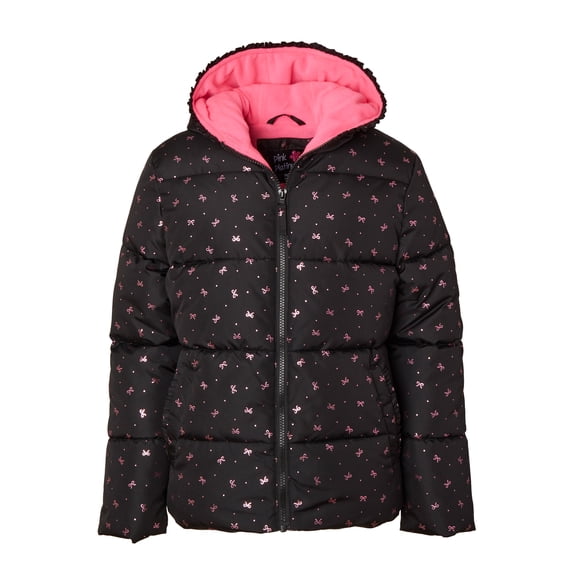 Pink Platinum Girls Hooded Foil Bow Printed Puffer,Sizes 7-16