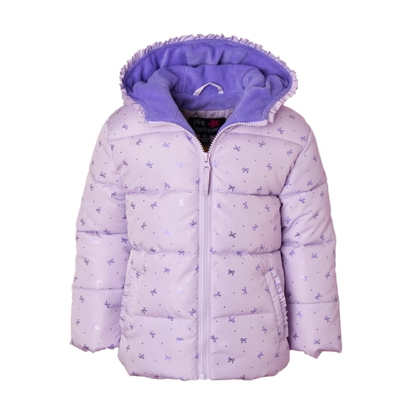 Pink Platinum Girls Hooded Foil Bow Printed Puffer,Sizes 4-6