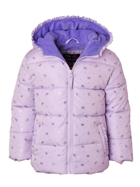 Girls Hooded Foil Bow Printed Puffer,Sizes 4-6