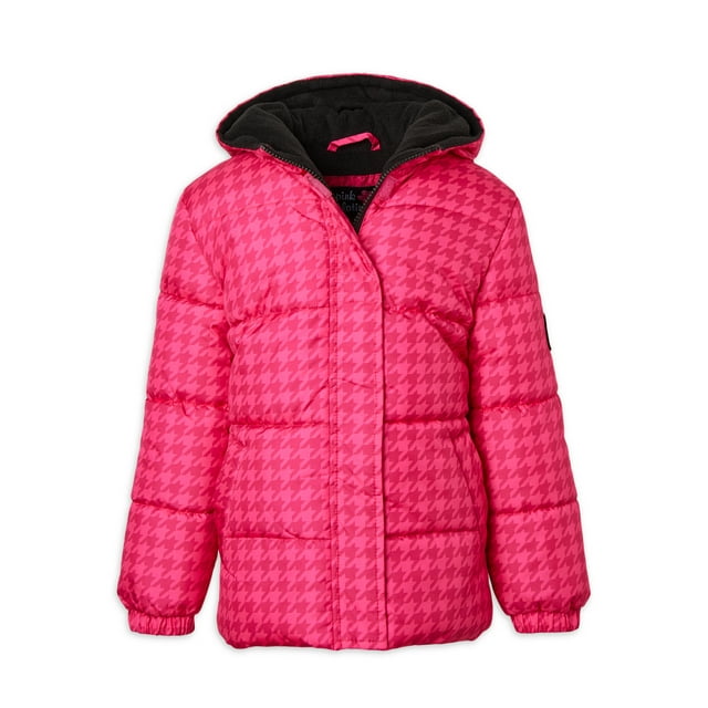 Pink Platinum Girls' Hooded Houndstooth Winter Puffer Coat, Sizes 4-16