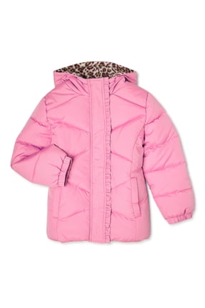 Girls Solid Hooded Winter Puffer Coat with Leopard Print, Sizes 4-16
