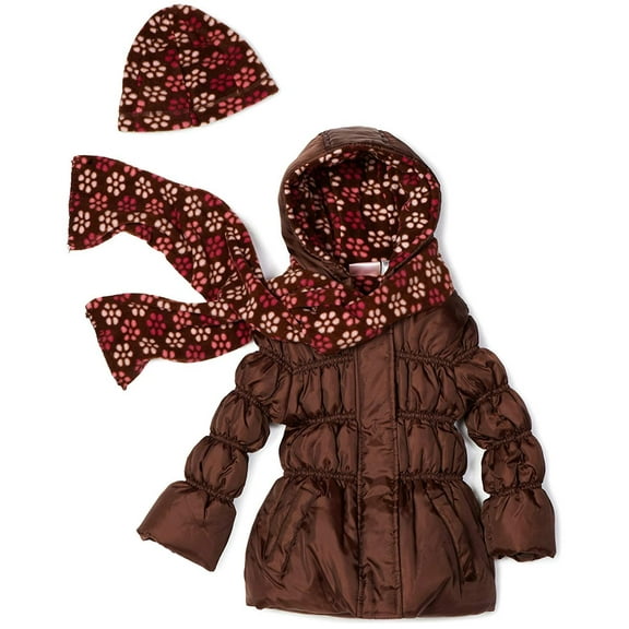 Pink Platinum Little Girls'  Solid Puffer with Floral Printed Lining Outerwear, Brown, 3T