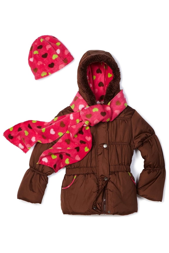 Little Girls' Solid Puffer with Heart Printed Lining Outerwear, Brown, 6x