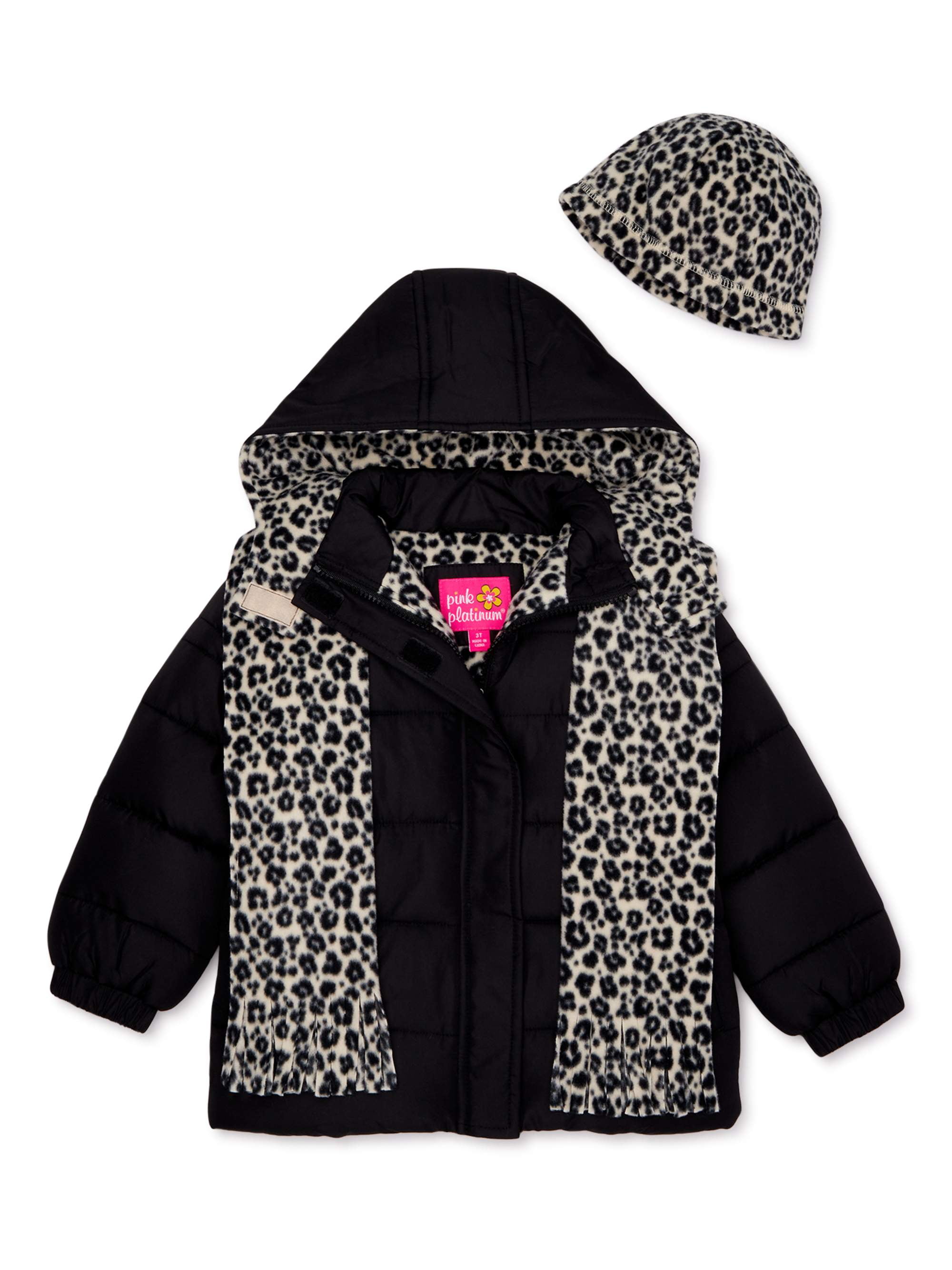 Pink Platinum Toddler Girl Winter Jacket Coat with Free Gift Cheetah Scarf, 2Piece Set