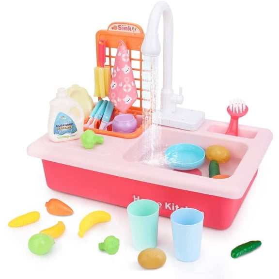 Pink Play Kitchen Toy Sink Electric Dishwasher, Pretend Role Play Kitchen Toys Set with Electric Faucet Dishwasher Play Set for Boys Girls Toddlers Children Role Play