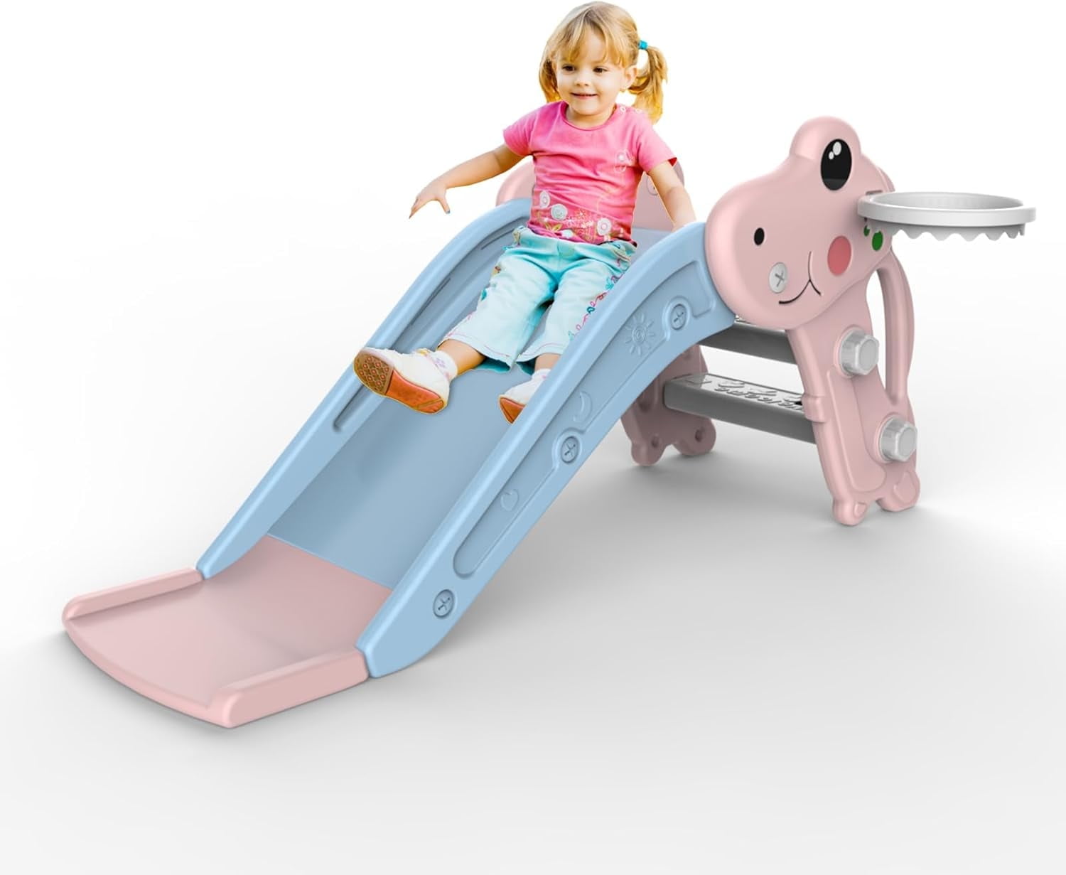 Baotree Toddler Slide Playset - Indoor Outdoor Slide With Basketball Hoop & Non-Slip Steps Green