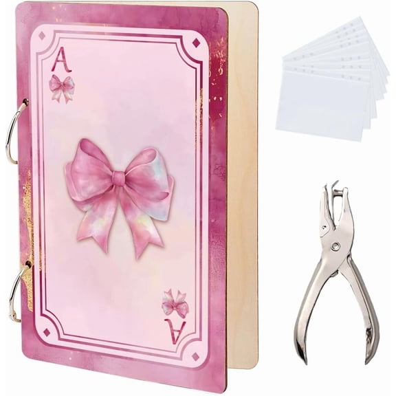 Pink Playing Cards Greeting Card Organizer Bowknots Preppy Card Keeper Storage Birthday Cards Holder Wooden Keeper Binder Photo Album 2-Rings Cover with Punch and 20pcs Inner Pockets colorful DIY