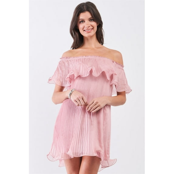 Off-the-shoulder Pleated Frill Trim Mini Dress XS