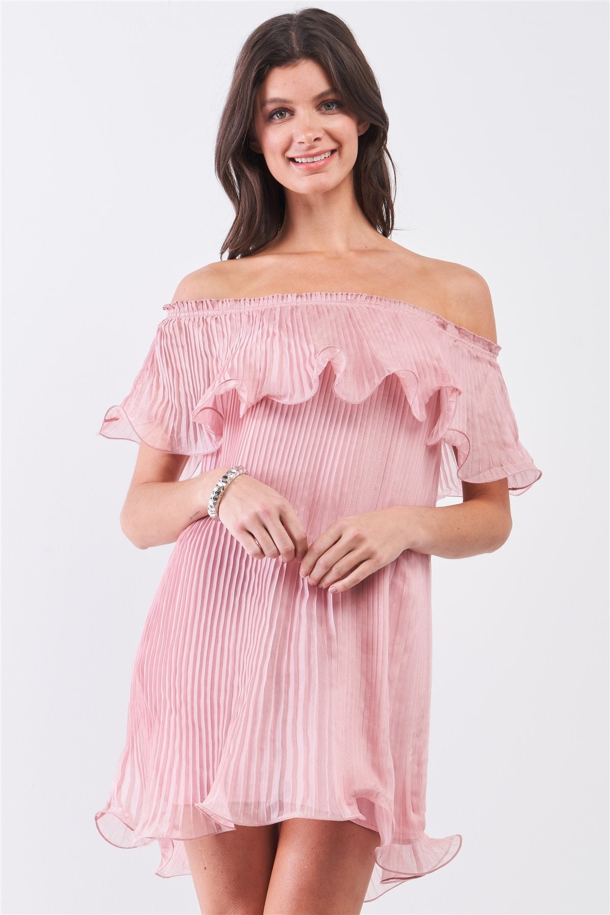 Women's Pink Off Shoulder Ruffled Mini Dress with Flared Sleeves