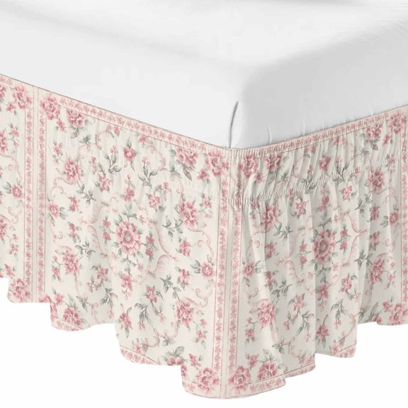 Pink Ploral Ruffle Bed Skirt Queen Size Spring Flower Fields Blossom Vines Border French Country Adjustable Elastic Dust Bed Skirts Wrap Around Bedskirt Wrinkle Free Easy Fit with 16 Inch Drop
