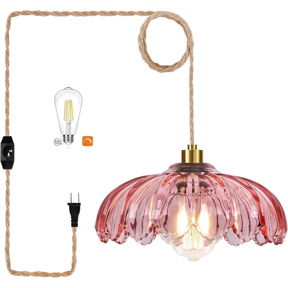 Pink Plug in Pendant Light Hanging Lights with Plug in Cord Boho Hanging Lamp Glass Gold Mid Century Modern Vintage Dimmable Flower Plug in Chandelier Ceiling Fixture for Living Room,Kitchen