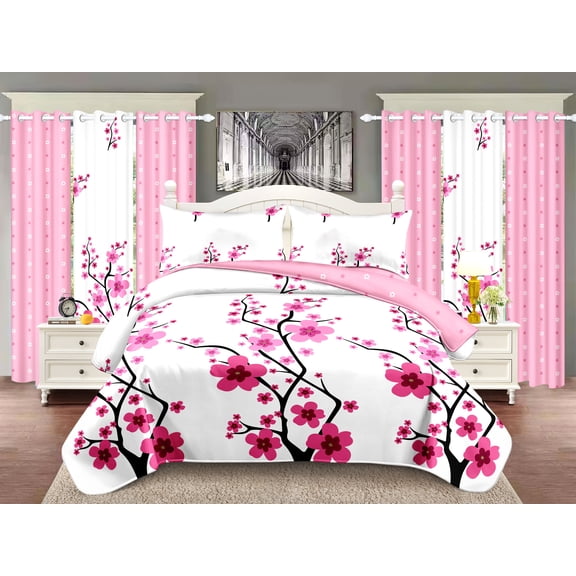 Pink Plum Blossom 5-Piece Comforter Set (CALKING) - Soft Bamboo Polyester Bedding for All Seasons, Includes Comforter, Pillow Shams & Cushion Covers
