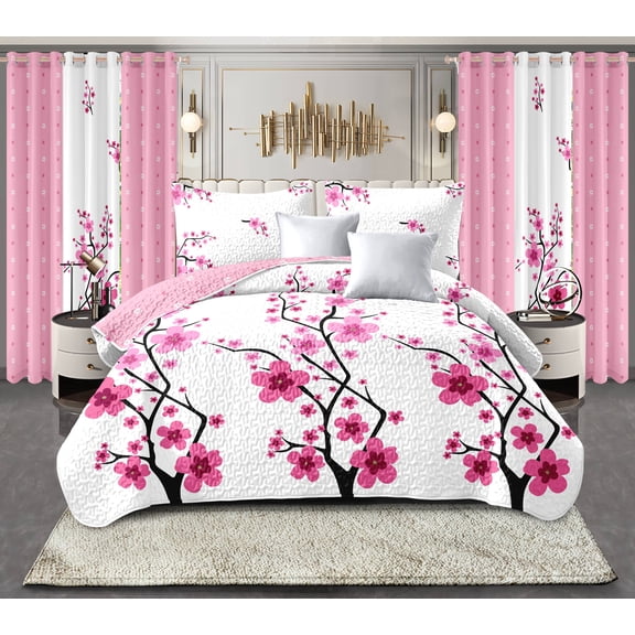 Pink Plum Blossom 5-Piece Comforter Set (KING) - Soft Bamboo Polyester Bedding for All Seasons, Includes Comforter, Pillow Shams & Cushion Covers