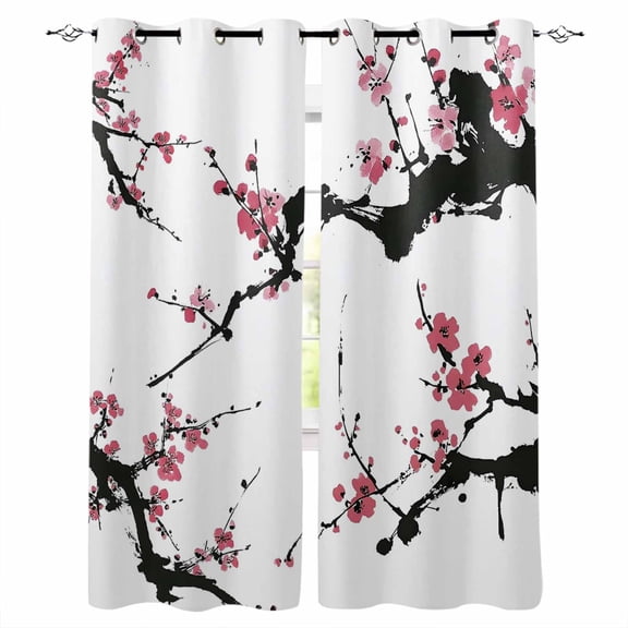 Pink Plum Blossom Kitchen Curtains Farmhouse Botanical Spring Floral Cafe Short Curtains for Bathroom Blackout Window Curtain Grommet Small Window Treatment Drapes for Bedroom Living Room 52"x45"x2
