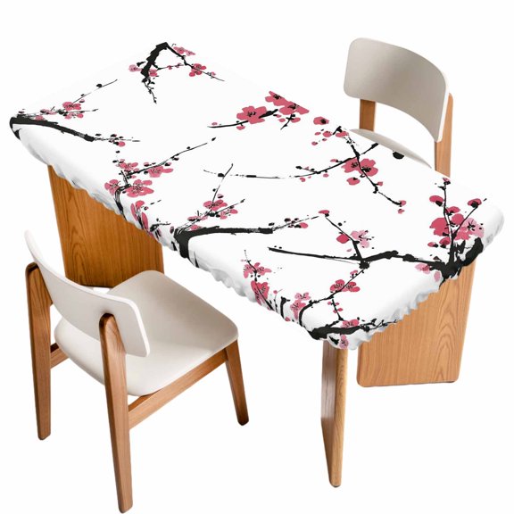 Pink Plum Blossom Table Cloths for 3 Foot Rectangle Tables, Farmhouse Botanical Spring Floral Patio Waterproof Elastic Fitted Tablecloths, Washable Rectangular Table Cover for Camping