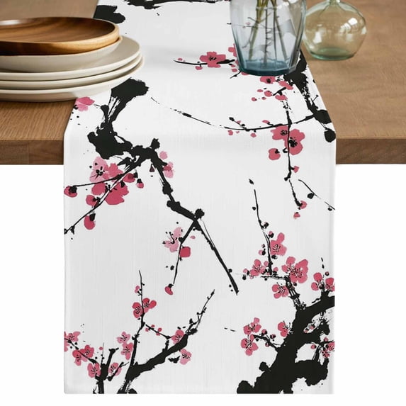 Pink Plum Blossom Table Runner 72 Inches, Farmhouse Botanical Spring Floral Bed Runner Dresser Scarves Tabletop for Indoor Outdoor Parties/Ceremony/Banquet, 18" x 72"