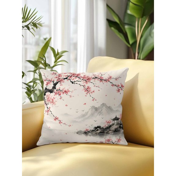 Pink Plum Blossoms Outdoor Throw Pillows with Inserts, Country Pastoral Island Mountains Floral Birds 18”x18” Set of 1 Waterproof Decorative Patio Throw Pillow Inserts for Patio Furniture Bench