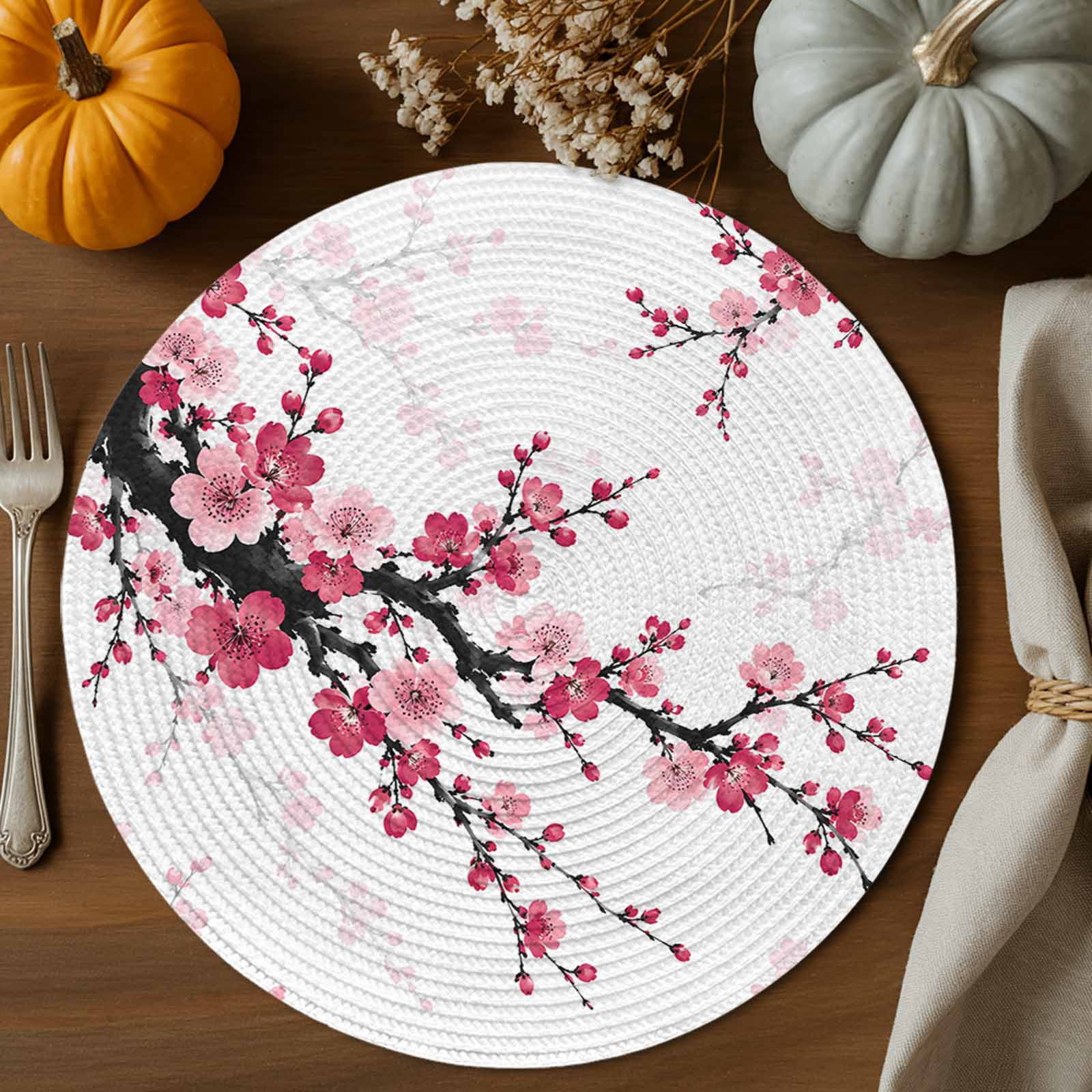 Bedside Table Spring Style Pink Plum Blossoms Round Braided Placemats 13