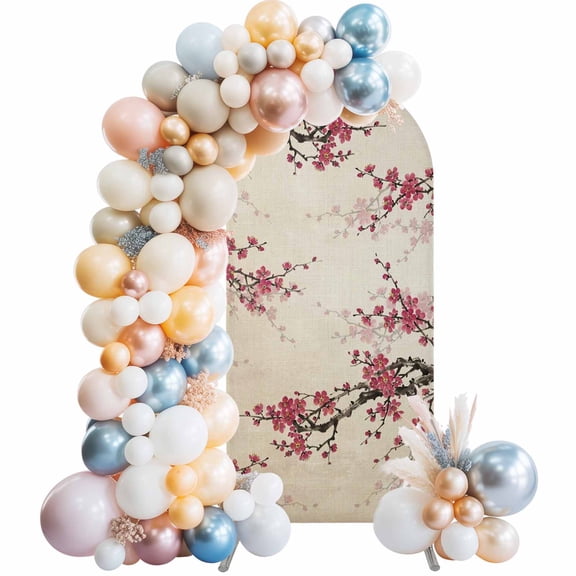 Pink Plum Bossom Arch Backdrop Cover 5 FT Retro Ink Painting Style Flower Branches Linen Texture Stretchy Elastic Arch Stand Covers Spandex Arched Background Birthday Wedding Decoration (No Stand)