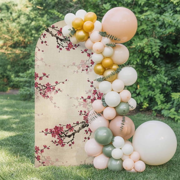 Pink Plum Bossom Arch Backdrop Cover 6 FT, Retro Ink Painting Style Flower Branches Linen Texture Wedding Arch Cover Stretchy Backdrop Stands Covers for Birthday Party Ceremony Banquet Decor