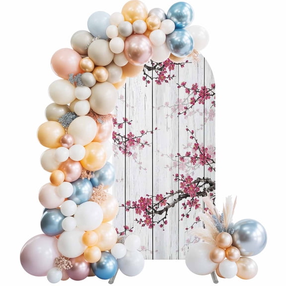 Pink Plum Bossom Arch Backdrop Cover 7.2 FT Ink Painting Style Flower Branches White Wood Grain Stretchy Elastic Arch Stand Covers Spandex Arched Background Birthday Wedding Decoration (No Stand)