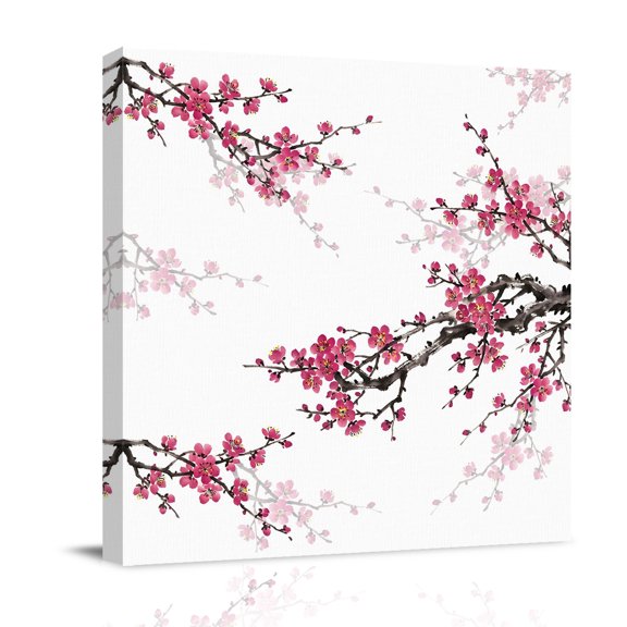 Pink Plum Bossom Canvas Wall Art for Living Room, Ink Painting Style Flower Branche Farmhouse Poster Print Painting for Bedroom Office Home Decoration Wall Pictures Prepare To Hang 8"x8"