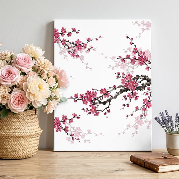 Pink Plum Bossom Canvas Wall Art for Living Room, Ink Painting Style Flower Branche Farmhouse Wall Decor Framed Artwork Pictures Ready to Hang for Bedroom Office Home Decor 8x10 Inch