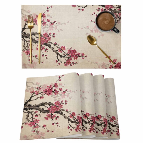 Pink Plum Bossom Cotton Linen Placemats Set of 1, Retro Ink Painting Style Flower Branches Linen Texture Washable Table Place Mats Heat Insulating Placemat for Dining Room Kitchen 13 x 19 Inch