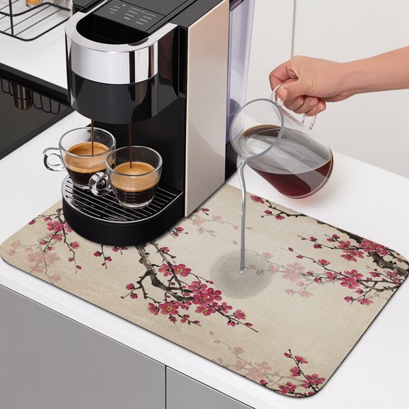 Pink Plum Bossom Dish Drying Mats for Kitchen Counter, Retro Ink Painting Style Flower Branches Linen Texture Absorbent Coffee Bar Mat with Non-slip Rubber Backed Quick Drying Dish Rack Pad 12"x16"