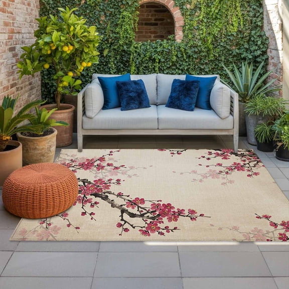 Pink Plum Bossom Indoor Outdoor Rugs 3x5 Ft, Retro Ink Painting Style Flower Branches Linen Texture Outdoor Patio Rugs Mat Washable Outside Area Rugs Carpet for Porch Deck RV Camping Balcony Backyard