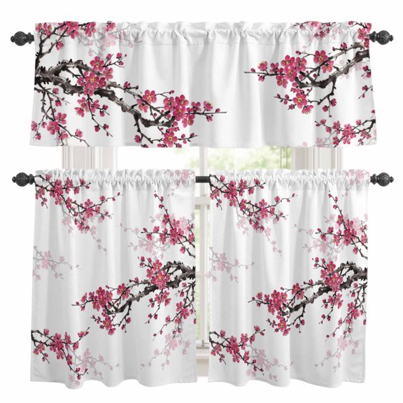 Pink Plum Bossom Kitchen Curtains Valances and Tiers Set of 3 Ink Painting Style Flower Branche Farmhouse Tier Curtains and Valance with Rod Pocket for Small Windows, 27.5"x24"