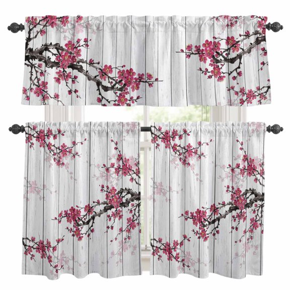 Pink Plum Bossom Kitchen Curtains Valances and Tiers Set of 3 Ink Painting Style Flower Branches White Wood Grain Tier Curtains and Valance with Rod Pocket for Small Windows, 27.5"x24"