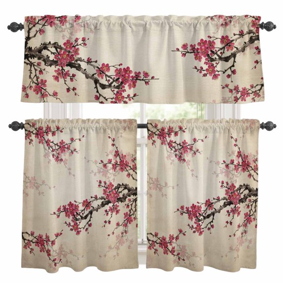Pink Plum Bossom Kitchen Curtains Valances and Tiers Set of 3 Retro Ink Painting Style Flower Branches Linen Texture Tier Curtains and Valance with Rod Pocket for Small Windows, 27.5"x24"