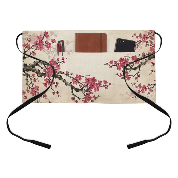 Pink Plum Bossom Kitchen Restaurant Half Waist Apron, Retro Ink Painting Style Flower Branches Linen Texture Server Short Apron with 3 Pockets Waterproof Oil Waist Aprons for Women Waitress Waiter