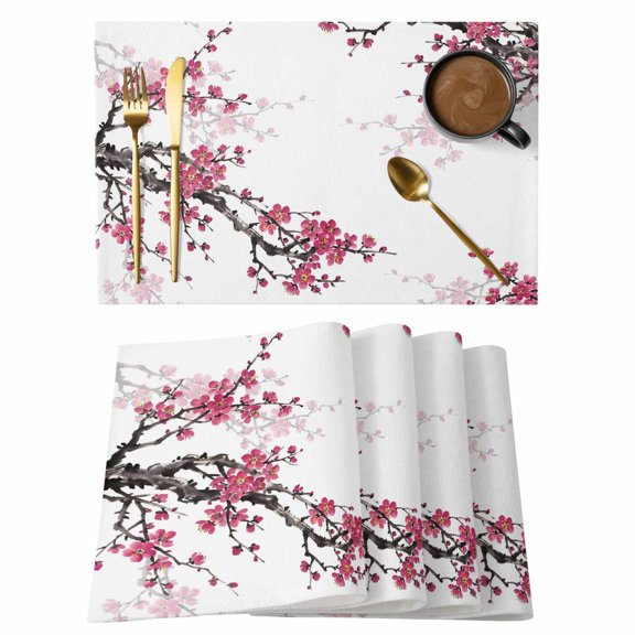 Pink Plum Bossom Placemats Set of 8, Ink Painting Style Flower Branche Farmhouse Non-Slip Place Mats Washable Table Mats for Kitchen Dining Table Decorations Indoor/Outdoor
