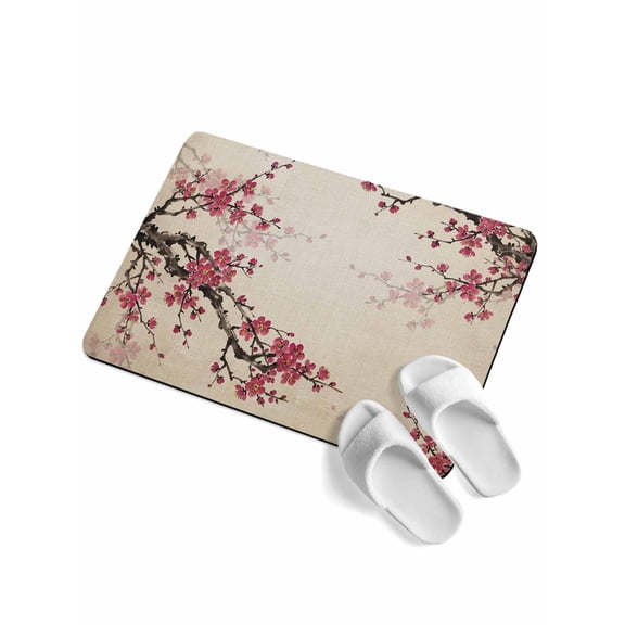 Pink Plum Bossom Soft Diatomaceous Earth Mat, Retro Ink Painting Style Flower Branches Linen Texture Absorbent Bath Mat Non Slip Rubber Backed Quick Dry Doormat Fit Under Door for Bathroom 16"x24"