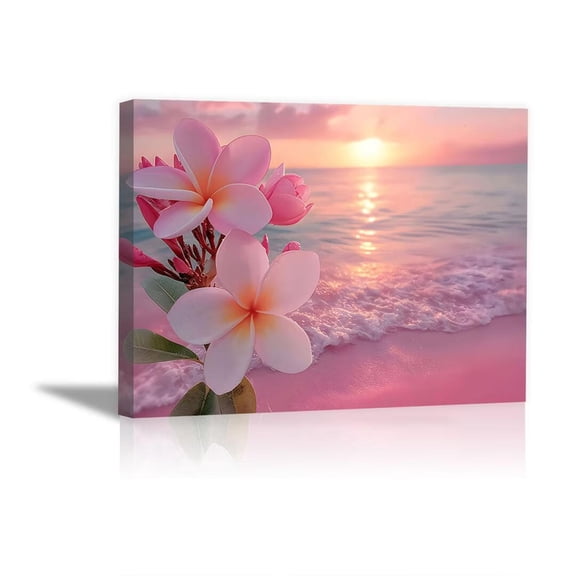 Pink Plumeria Blush Sunset Pink Sand Beach Framed Canvas Art Prints for Office Bedroom Apartment Decor, Ready to Hang12"L x 8"W