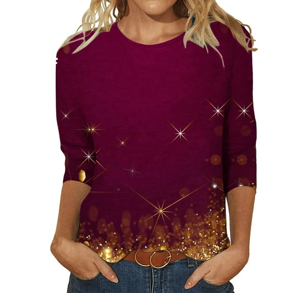 Pink Plus Size Blouses for Women, Short Sleeve Juniors Tops, Polyester Lightweight Button Down Shirt Women, Women's Daily Sequin Printed Crewneck Top Seven Quarter Sleeve T Shirt Flower Loose