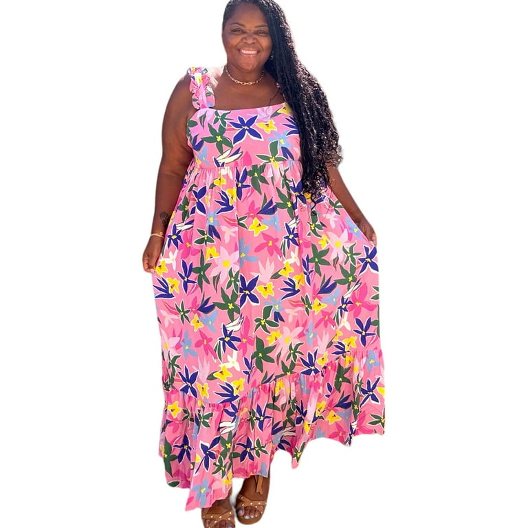 Pink Plus Size Floral Print Babydoll Maxi Dress Walmart